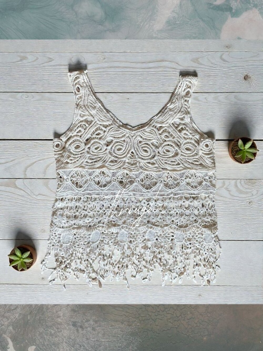 Lovely 153 Vintage Cotton Cream Crochet Top Boho Fairy Whimsy Cottagecore L